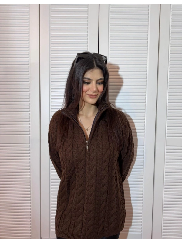 Dik Yaka Fermuarlı Saç Örgü Desenli Oversize Triko Kazak