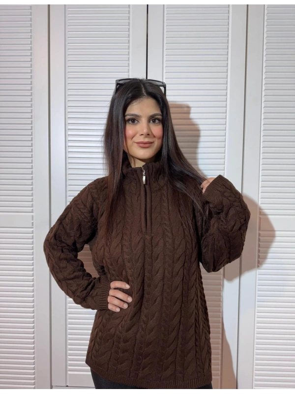 Dik Yaka Fermuarlı Saç Örgü Desenli Oversize Triko Kazak