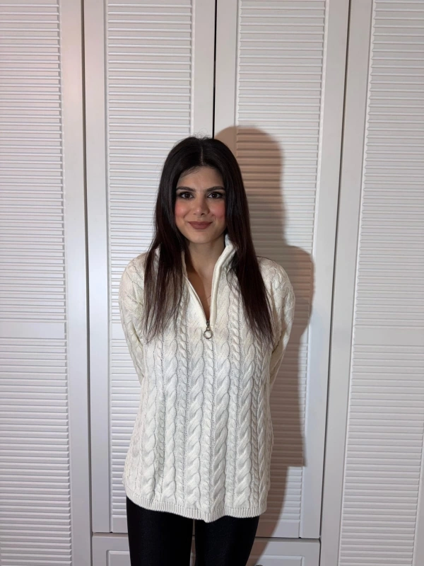 Dik Yaka Fermuarlı Saç Örgü Desenli Oversize Triko Kazak