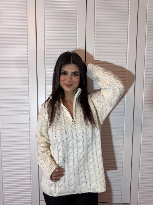 Dik Yaka Fermuarlı Saç Örgü Desenli Oversize Triko Kazak