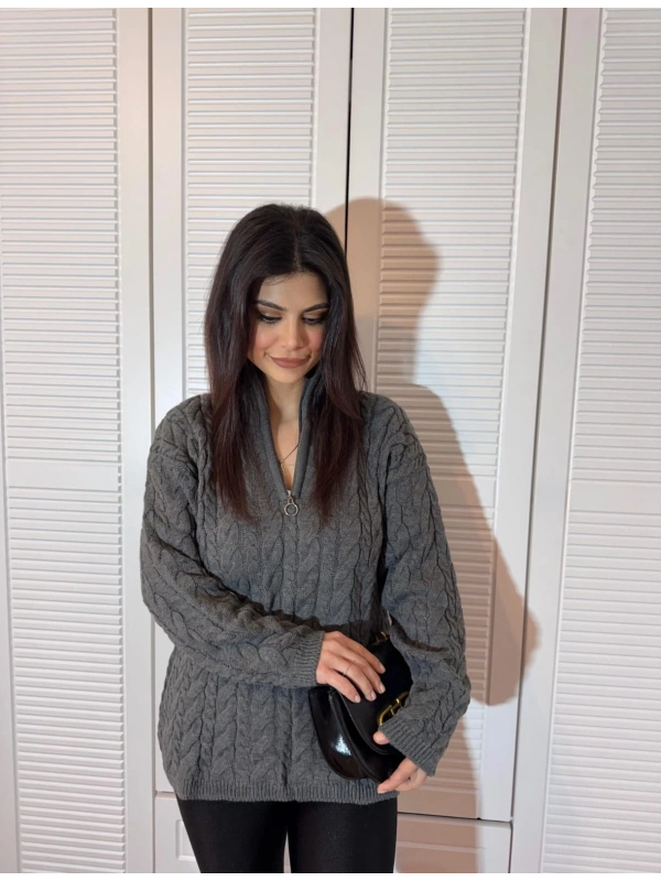 Dik Yaka Fermuarlı Saç Örgü Desenli Oversize Triko Kazak