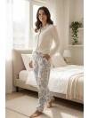 Mavi Desenli Düğmeli Kadın Pijama Takımı