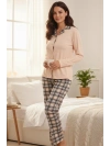 Somon Ekose Desenli Pijama Takımı Cepli ve Bağcıklı Bel Düğmeli Yaka