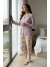 Kadın Lila Ayıcık Desenli Düğmeli Yaka Pijama Takımı - 7