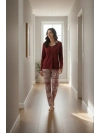 Kadın Bordo Etnik Desenli Cepli ve Bağcıklı Bel Pijama Takımı - 15