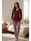 Kadın Bordo Etnik Desenli Cepli ve Bağcıklı Bel Pijama Takımı - 15
