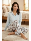 Kadın Uzun Kollu Düğmeli Çiçek Desenli Pijama Takımı - 5