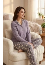 Kadın Lila Kalp Desenli Waffle Pijama Takımı -8