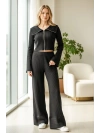Fermuarlı Crop Triko & Bol Paça Pantolon Seti – Siyah
