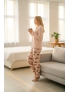 Kadın Pudra Kaplan Desenli Düğmeli Pijama Takımı -2