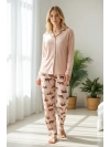 Kadın Pudra Kaplan Desenli Düğmeli Pijama Takımı -2