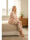 Kadın Pudra Kaplan Desenli Düğmeli Pijama Takımı -2