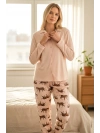 Kadın Pudra Kaplan Desenli Düğmeli Pijama Takımı -2