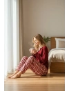 Kadın Kırmızı Ekose Waffle Pijama Takımı - 12