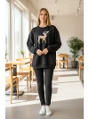 Sheenza Kadın Siyah Geyik İşlemeli Sweatshirt