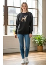 Sheenza Kadın Siyah Geyik İşlemeli Sweatshirt
