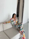 Saten Karışımlı İllüstrasyon Desenli Pijama Takımı - Turkuaz