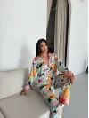 Saten Karışımlı İllüstrasyon Desenli Pijama Takımı - Turkuaz