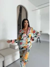 Saten Karışımlı İllüstrasyon Desenli Pijama Takımı - Turkuaz