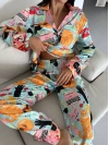 Saten Karışımlı İllüstrasyon Desenli Pijama Takımı - Turkuaz