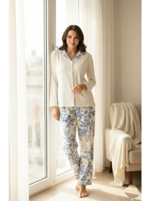 Mavi Desenli Düğmeli Kadın Pijama Takımı