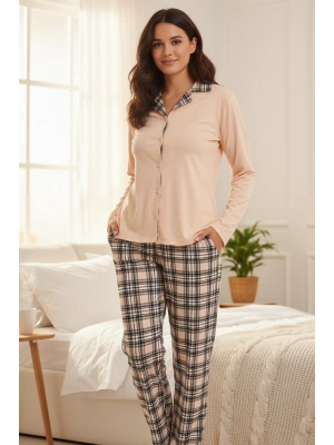 Somon Ekose Desenli Pijama Takımı Cepli ve Bağcıklı Bel Düğmeli Yaka