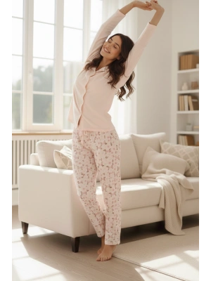 Kadın Yavruağzı Leopar Desenli Düğmeli Yaka Pijama Takımı - 3