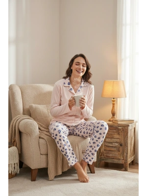 Kadın Bordo Etnik Desenli Düğmeli Cepli Pijama Takımı -17