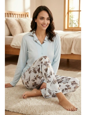 Kadın Uzun Kollu Düğmeli Çiçek Desenli Pijama Takımı - 5