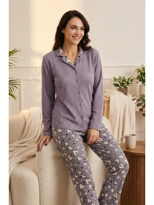 Kadın Lila Kalp Desenli Waffle Pijama Takımı -8