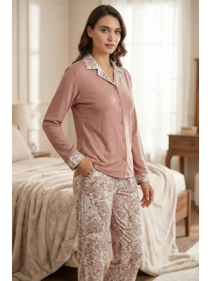 Kadın Gül Kurusu Şal Desenli Düğmeli Pijama Takımı - 19