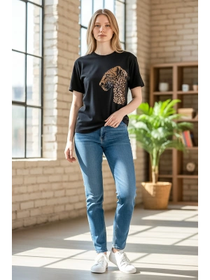 Sheenza Kadın Siyah Leopar Payet Nakışlı Tişört