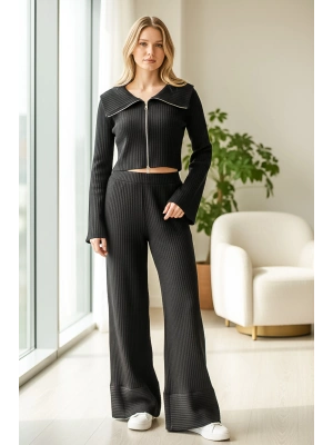 Fermuarlı Crop Triko & Bol Paça Pantolon Seti – Siyah