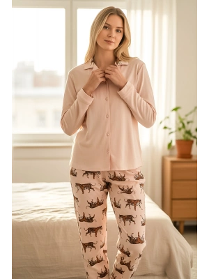 Kadın Pudra Kaplan Desenli Düğmeli Pijama Takımı -2