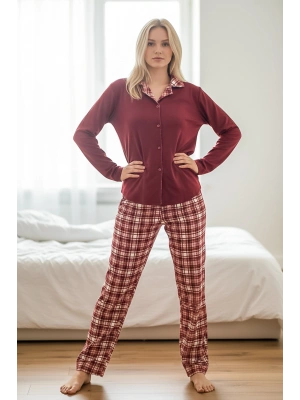 Kadın Kırmızı Ekose Waffle Pijama Takımı - 12