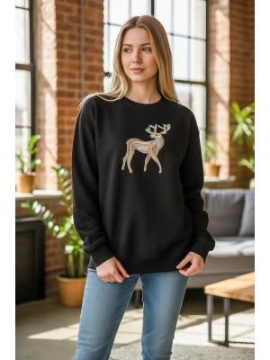 Sheenza Kadın Siyah Geyik İşlemeli Sweatshirt