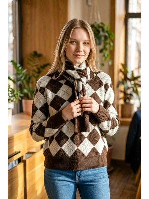 Sheenza Baklava Desenli Triko Kazak & Atkı Seti