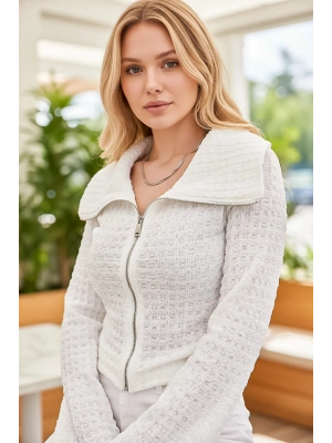 Kadın Waffle Dokulu Fermuarlı Kısa Ceket