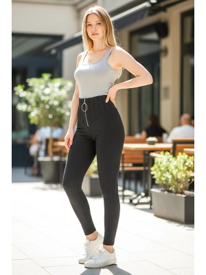 Siyah Önü Çimalı Fermuarlı Çelik Tayt Pantolon