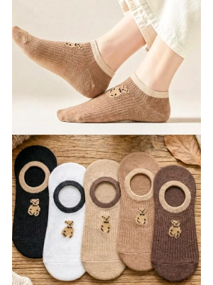 5 Çift Teddy Desenli Görünmez Kadın Çorap | Konforlu