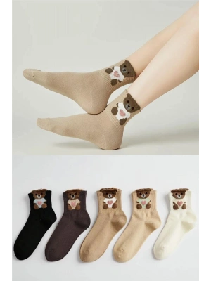 5 Çift Teddy Ayıcık Desenli Kadın Çorap