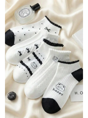 5 Çift Beyaz Happy Desenli Kısa Çorap