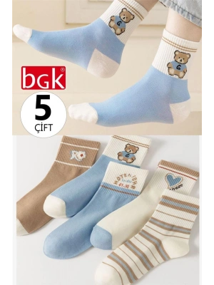 5 Çift Kadın Mavi Bej Bear Desenli Çorap