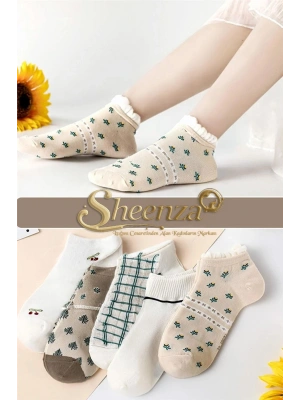 5 Çift Kiraz Çiçek Desenli Kadın Çorap