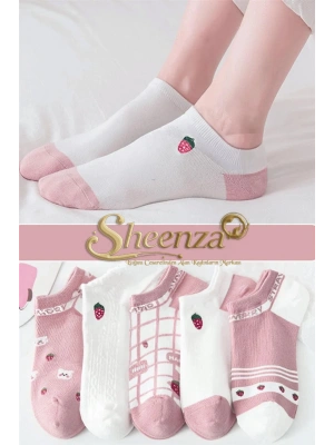 5 Çift Pembe Çilek Desenli Kısa Çorap