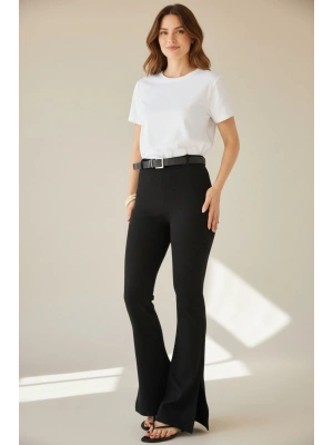 Yüksek Bel İspanyol Paça Siyah Örme Pantolon (Yırtmaç Detaylı)