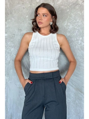 Taş İşlemeli Fitilli Beyaz Crop Atlet