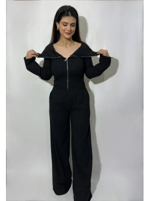 Fermuarlı Crop Triko & Bol Paça Pantolon Seti – Siyah