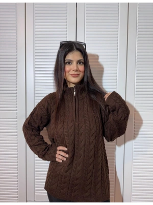 Dik Yaka Fermuarlı Saç Örgü Desenli Oversize Triko Kazak