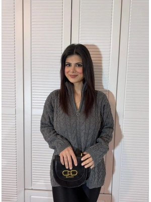 Dik Yaka Fermuarlı Saç Örgü Desenli Oversize Triko Kazak